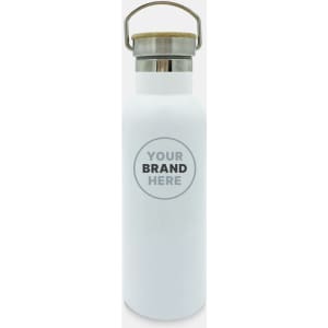 A drink bottle in white with a metal lid and a wooden handle, featuring a logo on the front.