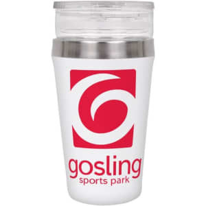A drink bottle in white with a stainless steel band, featuring a logo in red.