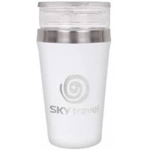 A drink bottle in white with a stainless steel lid and a logo. Ideal for hot or cold beverages.