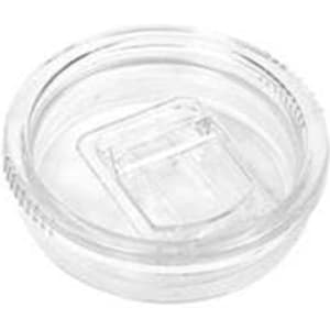A clear drink bottle lid with a slide opening. It has a textured rim and a smooth surface.