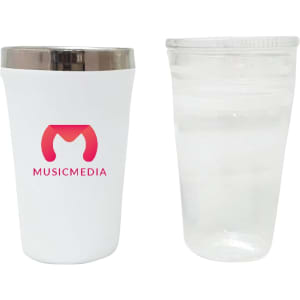 A drink bottle featuring a white exterior with a silver lid and a transparent cup beside it, both sleek in design.