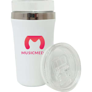A drink bottle in white featuring a clear lid and a logo. Ideal for various beverages.