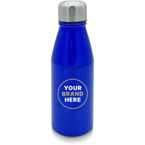 A drink bottle in vibrant blue with a stainless steel cap and a circular area for branding.