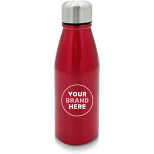 A drink bottle in a shiny red finish with a silver cap and a logo on the front.