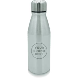 A drink bottle made of stainless steel with a silver finish and a logo on the front.