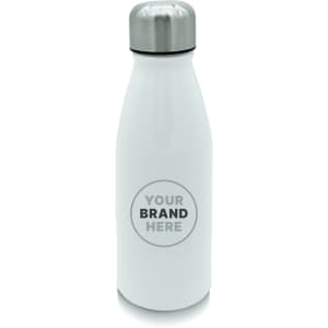 A drink bottle made of white aluminium with a silver lid and a logo area in the centre.