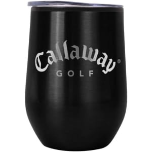 A drink bottle in a black finish with a lid and featuring a logo. Suitable for beverages, such as coffee or tea.