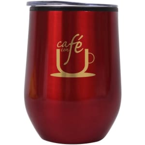 A drink bottle in a shiny red finish with a silver lid and a logo design.
