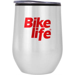 A drink bottle in silver with a black lid and a red logo.