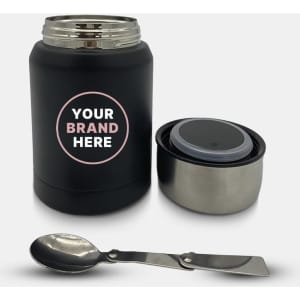 A drink bottle in matte black with a silver lid, accompanied by a stainless steel spoon and a branding area.