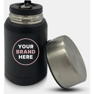 A drink bottle with a black matte finish and silver lid, featuring a logo on the side.
