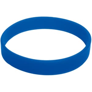 A blue silicone wristband featuring a smooth texture and a round shape, with a logo present.