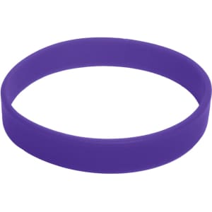 A purple silicone wristband featuring a simple design and a smooth finish. It includes a logo.