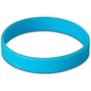 A blue silicone wristband featuring a branding logo, suitable for promotional use.