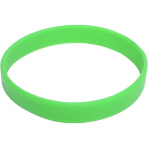 A green silicone wristband with a smooth surface and a simple design, featuring a logo.