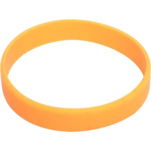 An orange silicone wristband with a smooth finish and a branding logo.
