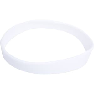 A white silicone wristband featuring a logo, designed for promotional use at events and exhibitions.