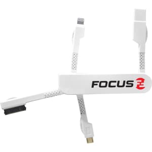 A white fast charging cable featuring multiple connectors and a branded logo.