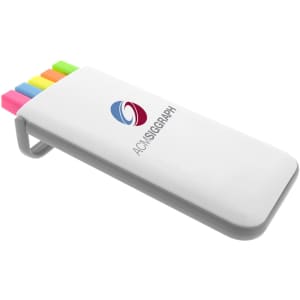 A highlighter set with five bright colours: pink, yellow, green, orange, and blue. Features a white case with a logo.