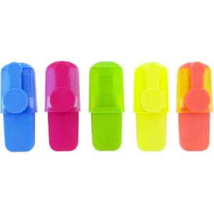 A collection of five highlighters in blue, pink, green, yellow, and orange, arranged side by side. The image includes a branding logo.