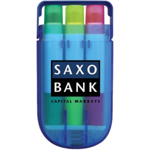 A set of highlighters in a blue case featuring green, pink, and yellow colours, with a logo on the front.