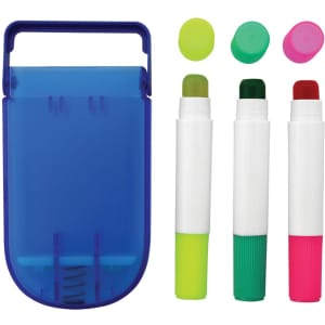 A set of highlighters in green, pink, red, and yellow, housed in a blue container.
