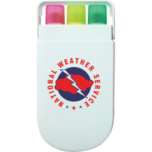 A white highlighter set with three colours: pink, green, and yellow. It has a logo on the front.