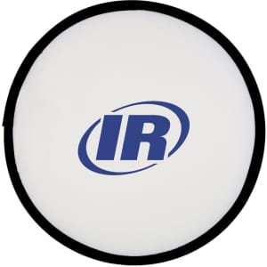 A fold-up flying disc in white with a black border, featuring a logo in blue.