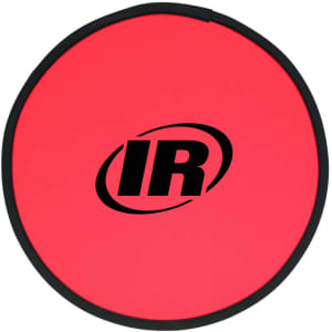A red fold-up flying disc with a black border and a logo in the centre.