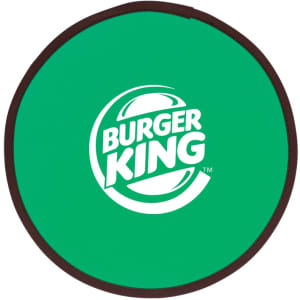 A green fold-up flying disc with a brown edge and a logo in the centre.