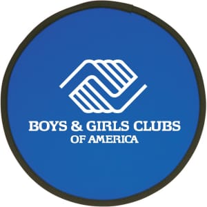 A blue fold-up flying disc with a black edge and a logo in the centre.