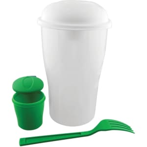 A white salad shaker with a green fork and a small green container. The product features a logo.