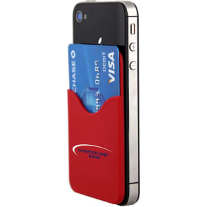 A red phone wallet attached to a smartphone, holding a debit card with a logo.
