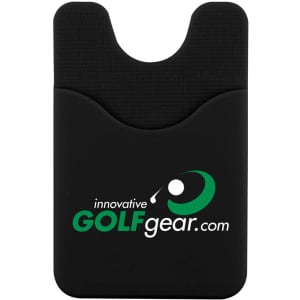 A black smart wallet with a textured surface and a slot for cards, featuring a logo on the front.