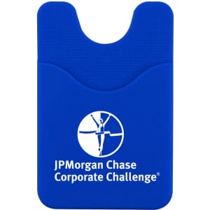 A blue phone wallet with a textured finish and a slot for cards, featuring a logo on the front.