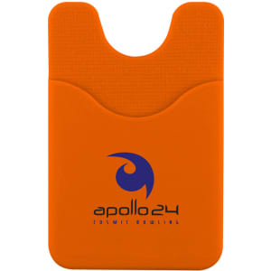 An orange phone wallet with a textured finish and a logo in the centre.
