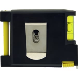 A black and yellow tape measure with a metal clip and a bubble level. It features a logo on the body.