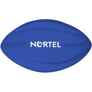 A blue football featuring a logo, with a smooth, rounded design ideal for promotional use.