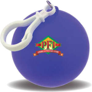 A purple rain poncho ball with a white clip and a logo on the surface.