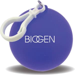 A round purple rain poncho ball with a white clip attachment and a logo on the front.