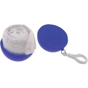A blue carrying case containing a white rain poncho, featuring a clip for attachment.