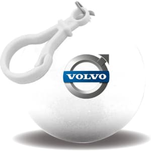 A white ball-shaped rain poncho with a clip attachment and a logo.