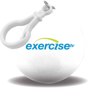 A white ball with a clip attachment, featuring a logo.