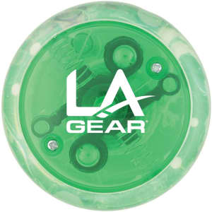 A green LED light-up yo-yo featuring a circular design, with branding present on the surface.