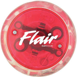 A red LED light-up yo-yo with a clear casing and a logo on the side.