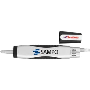A silver flashlight tool kit with a level and screwdriver attachments, featuring a black and silver cap.