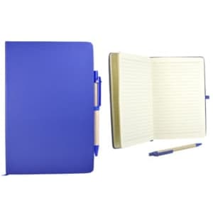 A blue recycled notebook with a matching pen, featuring lined pages and a secure closure.