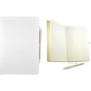 A white recycled notebook with lined pages and a matching pen displayed open and closed. Features a logo on the cover.