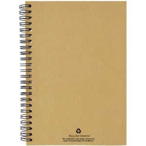 A recycled paper notebook with a brown cover and black spiral binding, featuring a logo on the bottom.