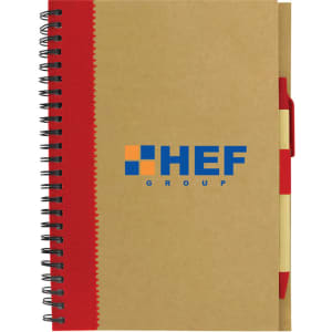 A recycled paper notebook with a brown cover and red spiral binding, featuring a logo on the front.
